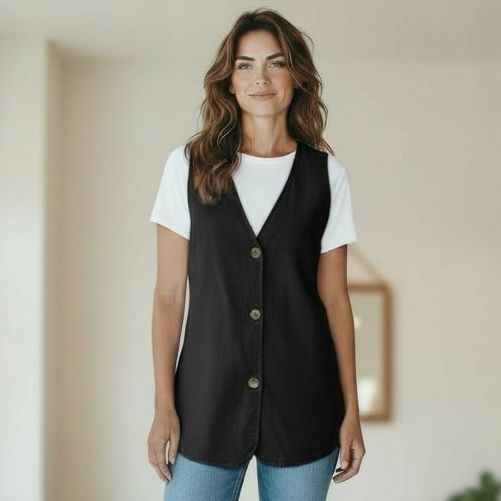 Petal & Pup NEW Black V-Neck Button-Down Vest Woman's Medium